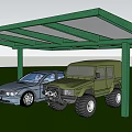 Parking Lot With Green Canopy Silver Sedan Green SUV On Grass With Blue Sky