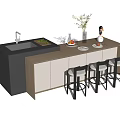 Modern Bar Counter Design With Black And Wooden Top Fruits Vase And Three Black Stools