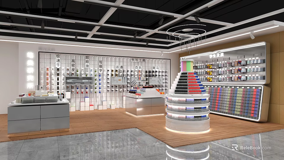 Modern Retail Store Interior With Shelves Round Display Counter And Various Products 3d model 