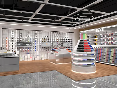 Modern Retail Store Interior With Shelves Round Display Counter And Various Products 3d model