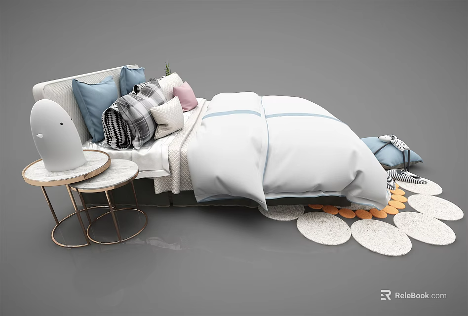 Stylish Double Bed Setup With Soft Quilt Colorful Pillows Bedside Tables And Round Rugs 3d model 