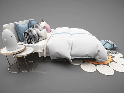Stylish Double Bed Setup With Soft Quilt Colorful Pillows Bedside Tables And Round Rugs 3d model