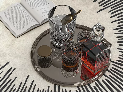 Elegant Whiskey Bottle and Crystal Glasses on Silver Tray with Open Book Ice Cubes and Spoon 3d model
