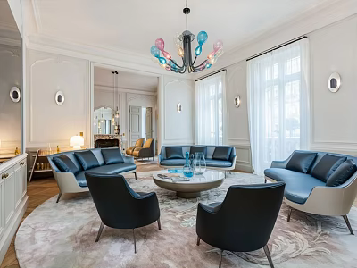 Modern Living Room Interior With Blue Sofa Round Coffee Table Set Chandelier Area Rug And Windows 3d model