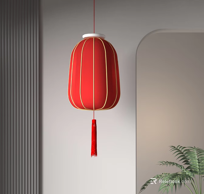 Red Hanging Lantern With Golden Stripes And Red Tassel For Modern Interior Decoration 3d model 