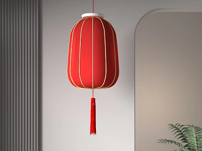 Red Hanging Lantern With Golden Stripes And Red Tassel For Modern Interior Decoration 3d model