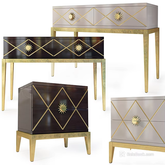 Modern Functional Desk In Black Silver With Gold Accents Sun Motifs And Geometric Design 3d model 
