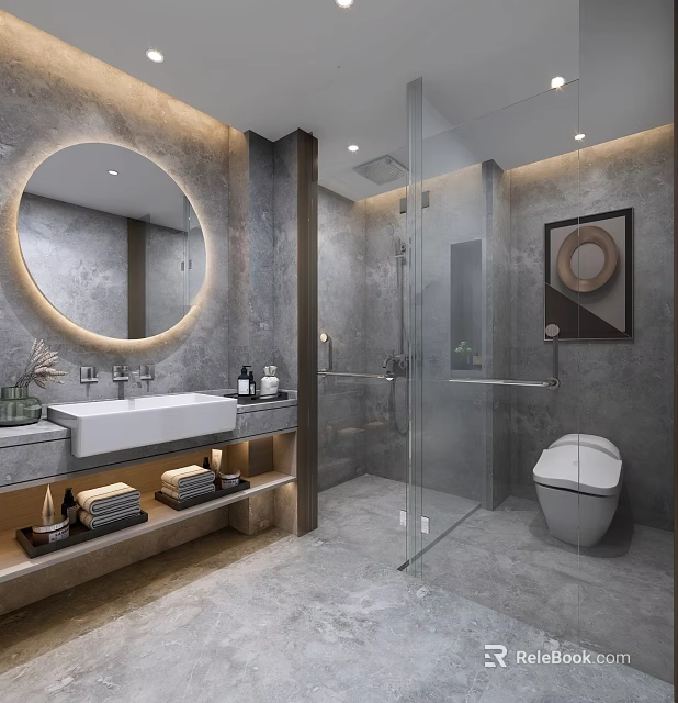 Modern Hotel Bathroom Interior With Round Backlit Mirror White Vanity Glass Shower And Smart Toilet 3d model 