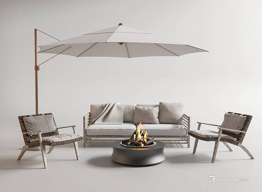 Outdoor Sofa Setup With Fire Pit Umbrella And Rattan Chairs 3d model