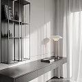Modern Minimalist Desk With Open Shelf Table Lamp Books White Wall And Curtains