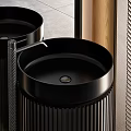 Modern Bathroom Washbasin With Backlit Oval Mirror And Herringbone Wall Design