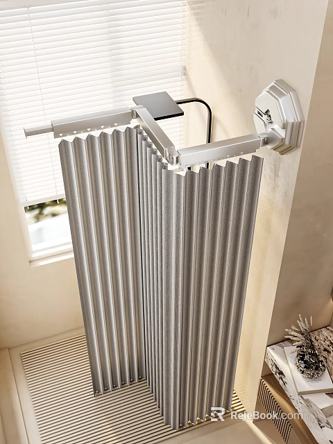 Modern Wall Mounted Vertical Metallic Radiator With Corrugated Design In Room 3d model 
