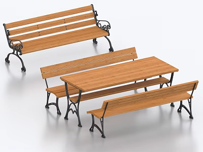 Wooden Public Benches With Metal Frames And Matching Table For Outdoor Areas 3d model