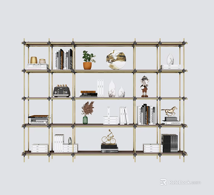 Modern Golden Frame Bookcase With Open Shelves Books Potted Plants And Decorative Objects 3d model 