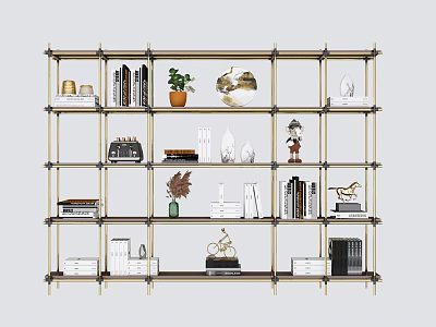 Modern Golden Frame Bookcase With Open Shelves Books Potted Plants And Decorative Objects 3d model
