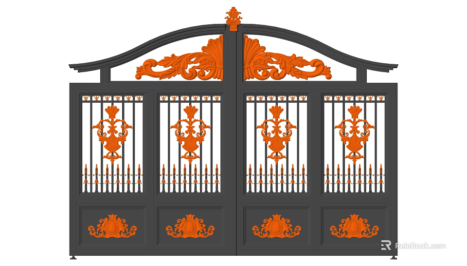 Wrought Iron Gate With Black And Orange Carved Patterns And Symmetrical Design 3d model 