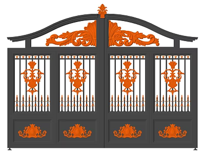 Wrought Iron Gate With Black And Orange Carved Patterns And Symmetrical Design 3d model