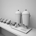 Beverage Dispensers with Yellow and Red Drinks on Black Countertop with White Bowls and Pineapple