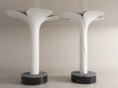 Two White Flower Shaped Pillars With Black Marble Bases And Golden Lines Decoration 3d model
