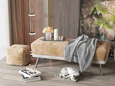 Modern Beige Sofa Bench With Checked Blanket Books And Tiger Plush On Wooden Floor 3d model