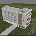 Campus School Building Exterior With White Walls Brown Vertical Strips Grass Trees And Blue Sky