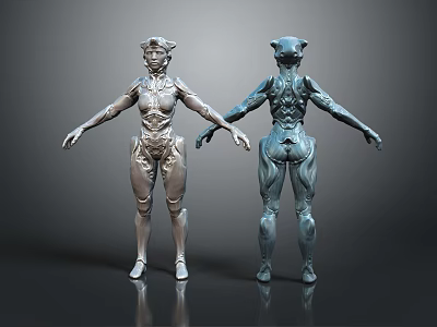 Sci-Fi Mechanical Characters 3D Models Featuring Silver And Blue Design Front Back Views 3d model