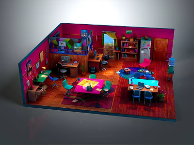 Vibrant Cartoon Kids Playroom Scene With Pink Walls Wooden Floor Tables Chairs And Shelves 3d model