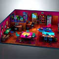 Vibrant Cartoon Kids Playroom Scene With Pink Walls Wooden Floor Tables Chairs And Shelves