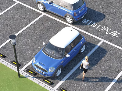 Parking Lot With Blue MINI Cars Woman White Parking Lines Lamp And Yellow Wheel Stops 3d model