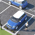Parking Lot With Blue MINI Cars Woman White Parking Lines Lamp And Yellow Wheel Stops