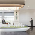 Modern Sales Office Interior With Reception Desk Display Shelves And Bar Stools