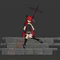 Gray Stone Steps With Red Haired Horned Character Sitting And Holding Spear
