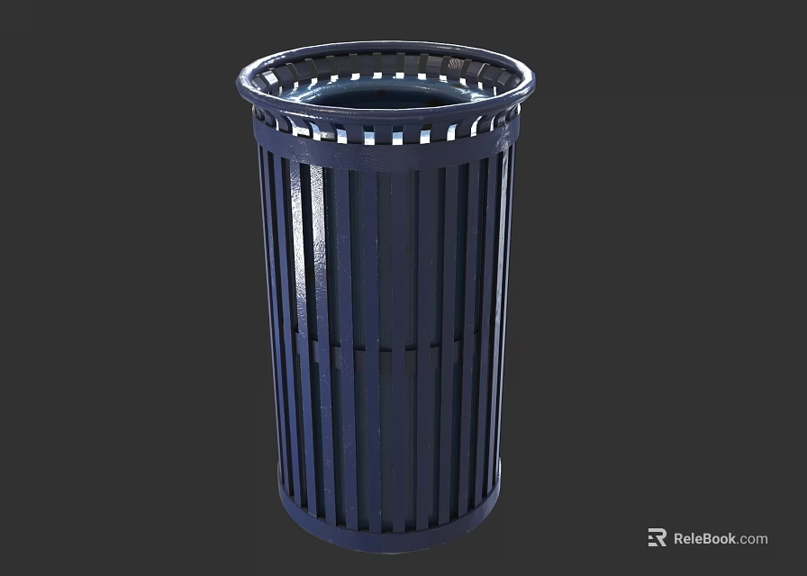Metal Trash Can With Vertical Slats And Round Top For Outdoor Public Use 3d model 