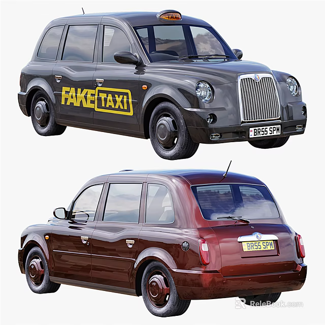 Classic London Taxi Style Cars In Black And Red With Fake Taxi Logo 3d model 