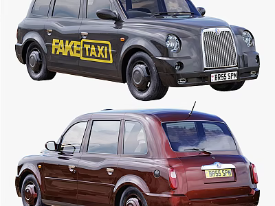 Classic London Taxi Style Cars In Black And Red With Fake Taxi Logo 3d model