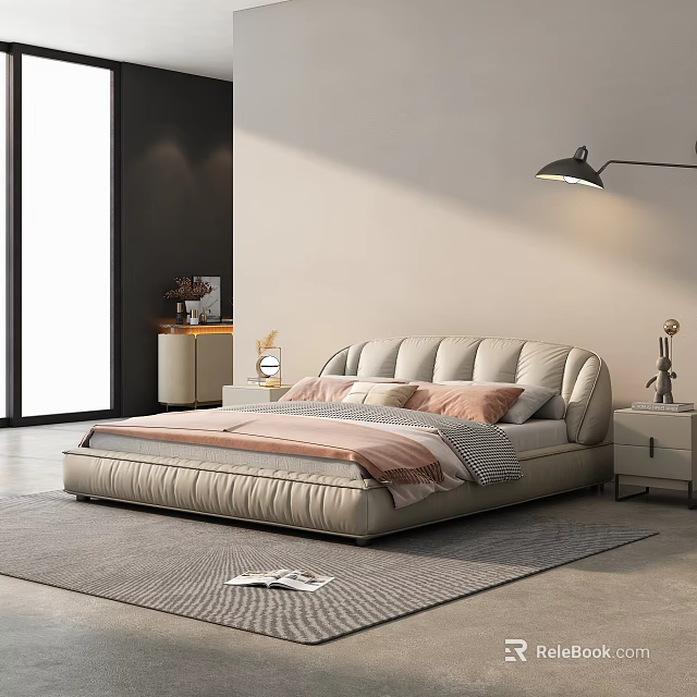 Cozy Modern Beige Double Bed With Upholstered Headboard Pillows Nightstands And Rug 3d model 
