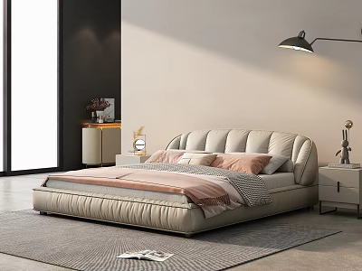 Cozy Modern Beige Double Bed With Upholstered Headboard Pillows Nightstands And Rug 3d model