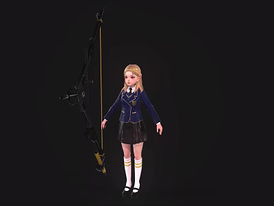 Blonde Game Movie Character Wearing Navy Blue Coat Black Skirt White Socks With Black Bow 3d model