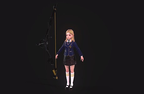 Cute little girl archer cartoon character school uniform 3d model