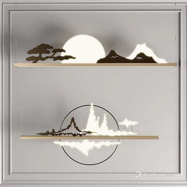 Oriental Style Pendant Light With Mountain Moon Pine And Cloud Patterns 3d model