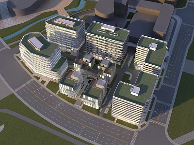 Modern Office Building Complex Featuring Green Roofs Urban Roads And Green Spaces 3d model
