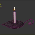 Lit White Candle Placed On Leaf Shaped Metal Candlestick Holder 3d model
