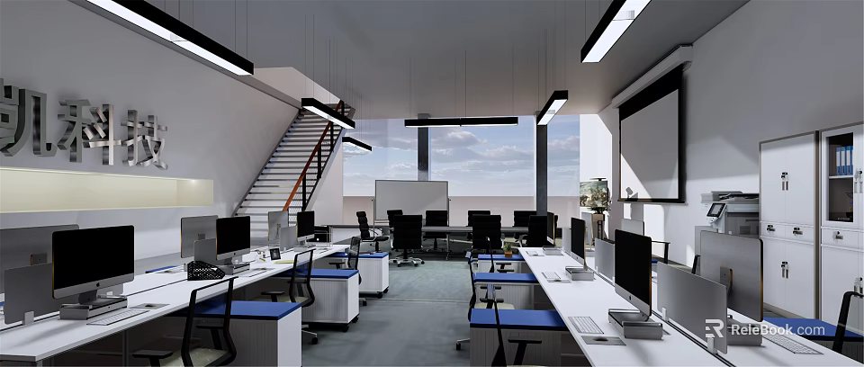 Modern Public Office Workspace With Spacious Layout Desks Computers Ergonomic Chairs And Large Windows 3d model