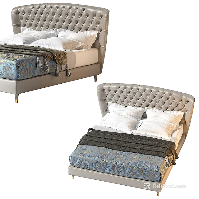 Modern Gray Double Bed With Tufted Headboard Soft Bedspread And Pillows 3d model 
