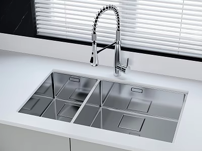 Stainless Steel Double Bowl Kitchen Sink With Flexible Faucet On White Countertop 3d model