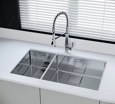 Stainless Steel Double Bowl Kitchen Sink With Flexible Faucet On White Countertop 3d model