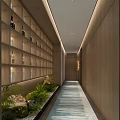 Hotel Corridor Interior With Wooden Walls Built-in Shelves Green Plants And Decorative Carpets