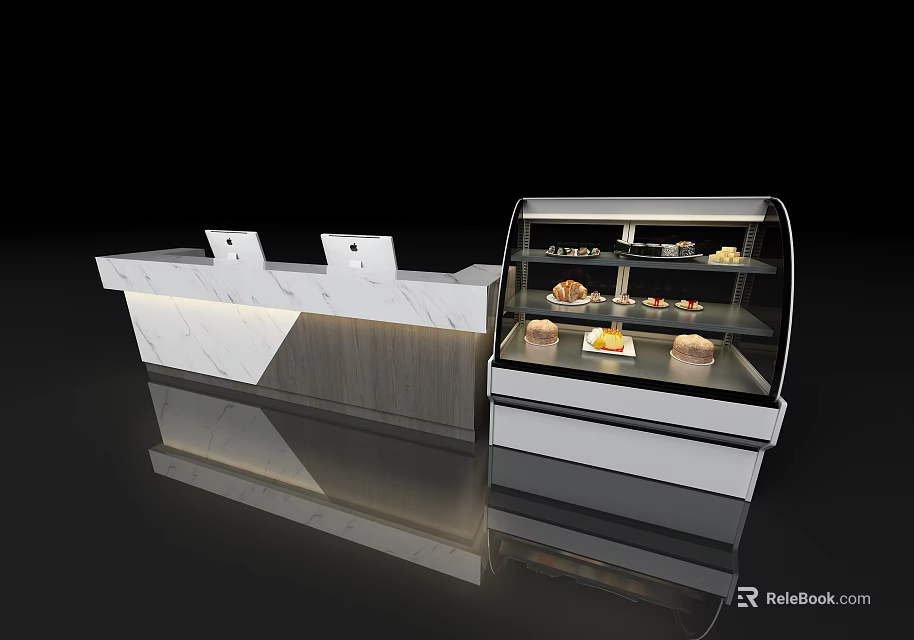 Modern Reception Desk With Marble Countertop And Glass Display Case For Pastries 3d model 