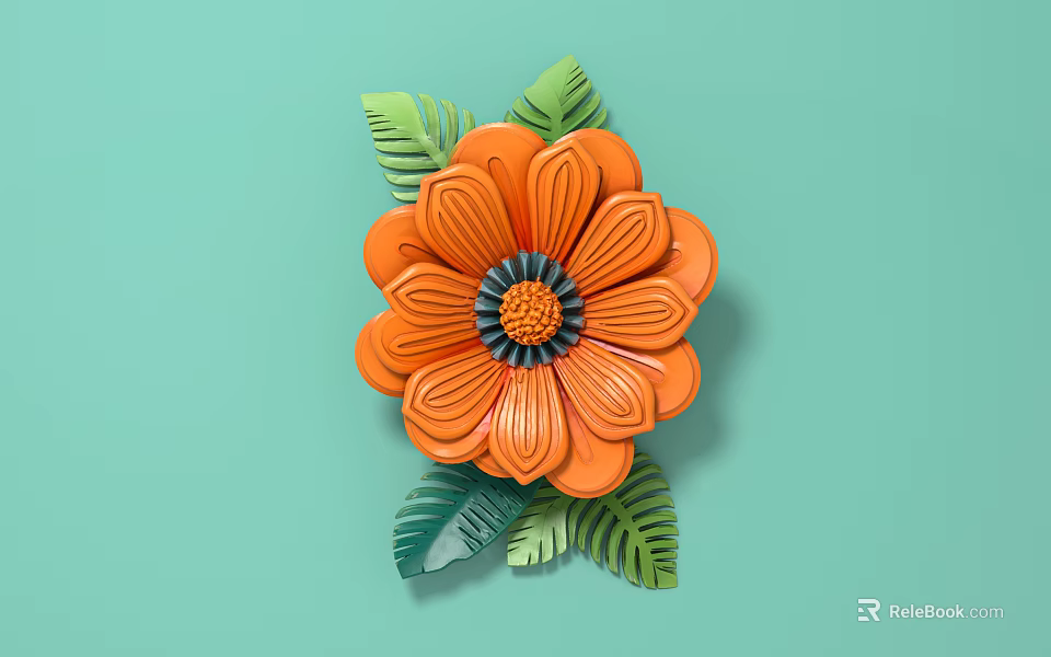 Eye Catching Orange Floral Display With 3D Petals And Green Leaves 3d model 