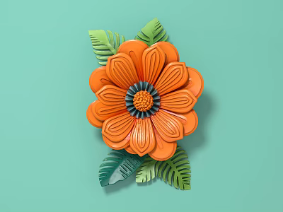 Eye Catching Orange Floral Display With 3D Petals And Green Leaves 3d model